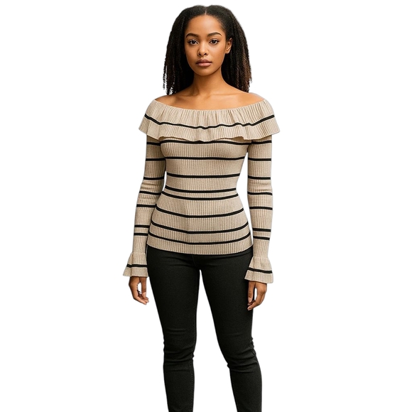 Misell Ribbed Knit Sweater Women L (40) Off the Shoulder Flounce Striped NWT - Picture 1 of 6
